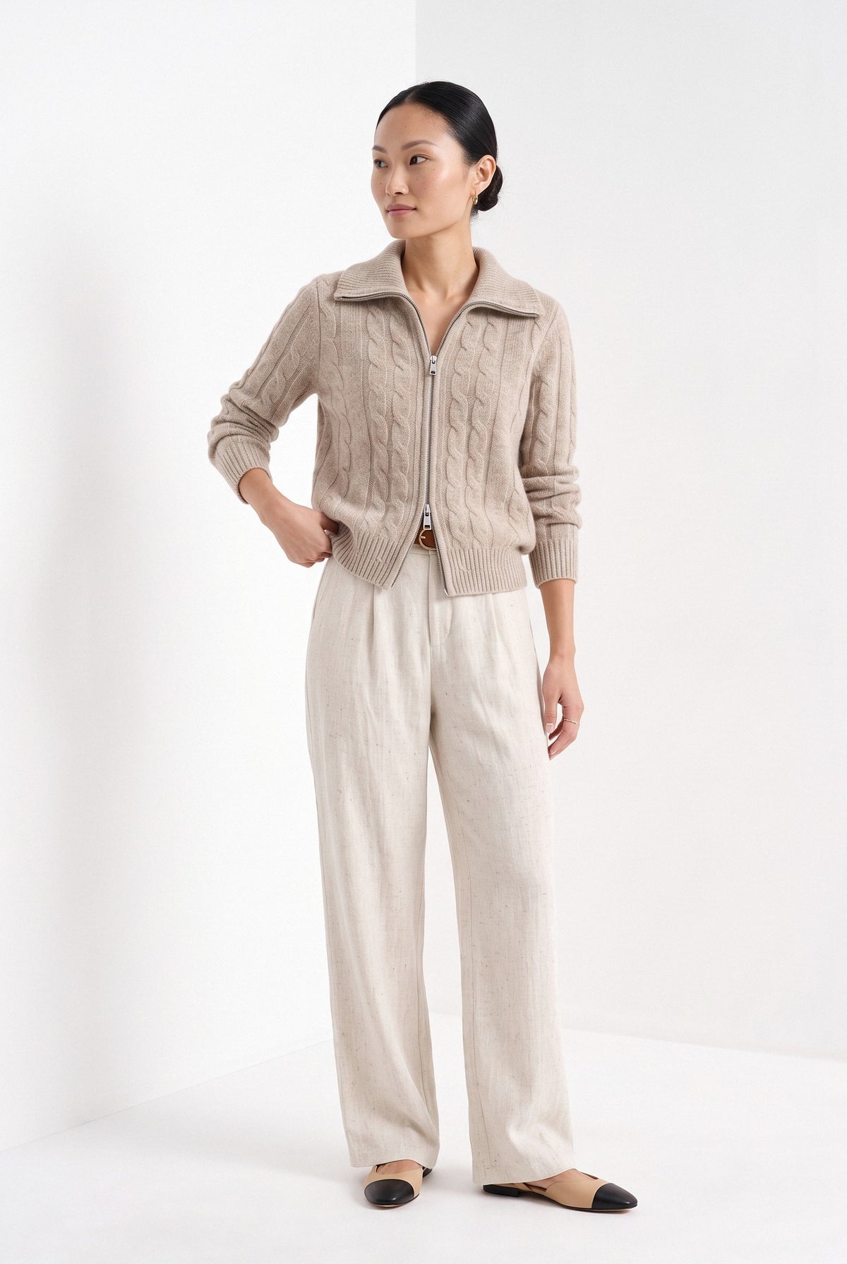 BLENIN cable zip collar cardigan in camel, three-quarter view