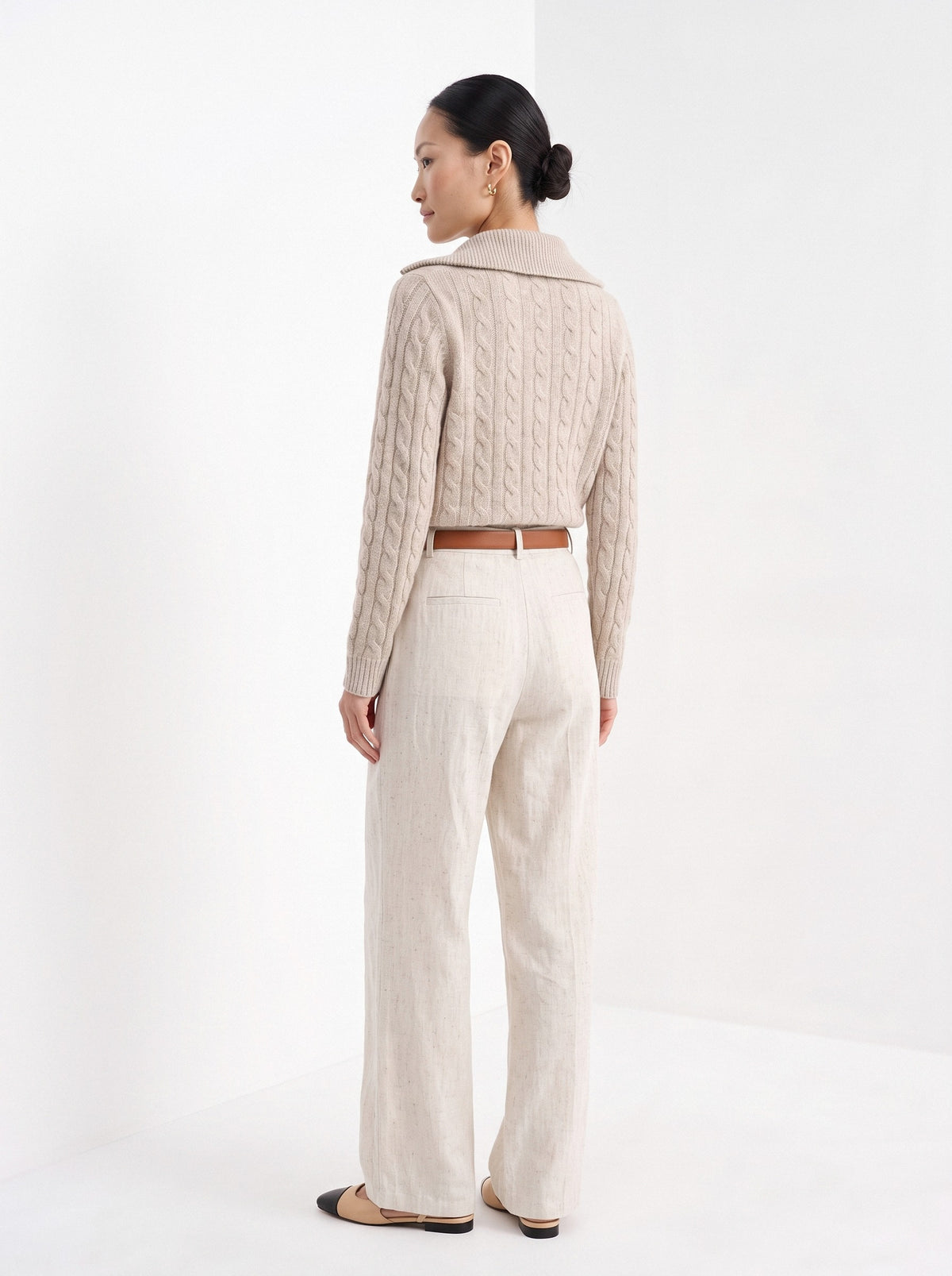 BLENIN cable zip collar cardigan in camel, back view