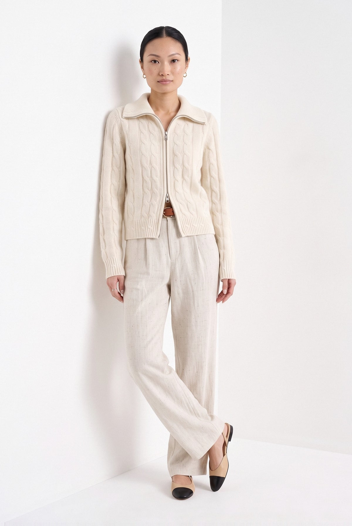BLENIN cable zip collar cardigan in cream, full-length front view