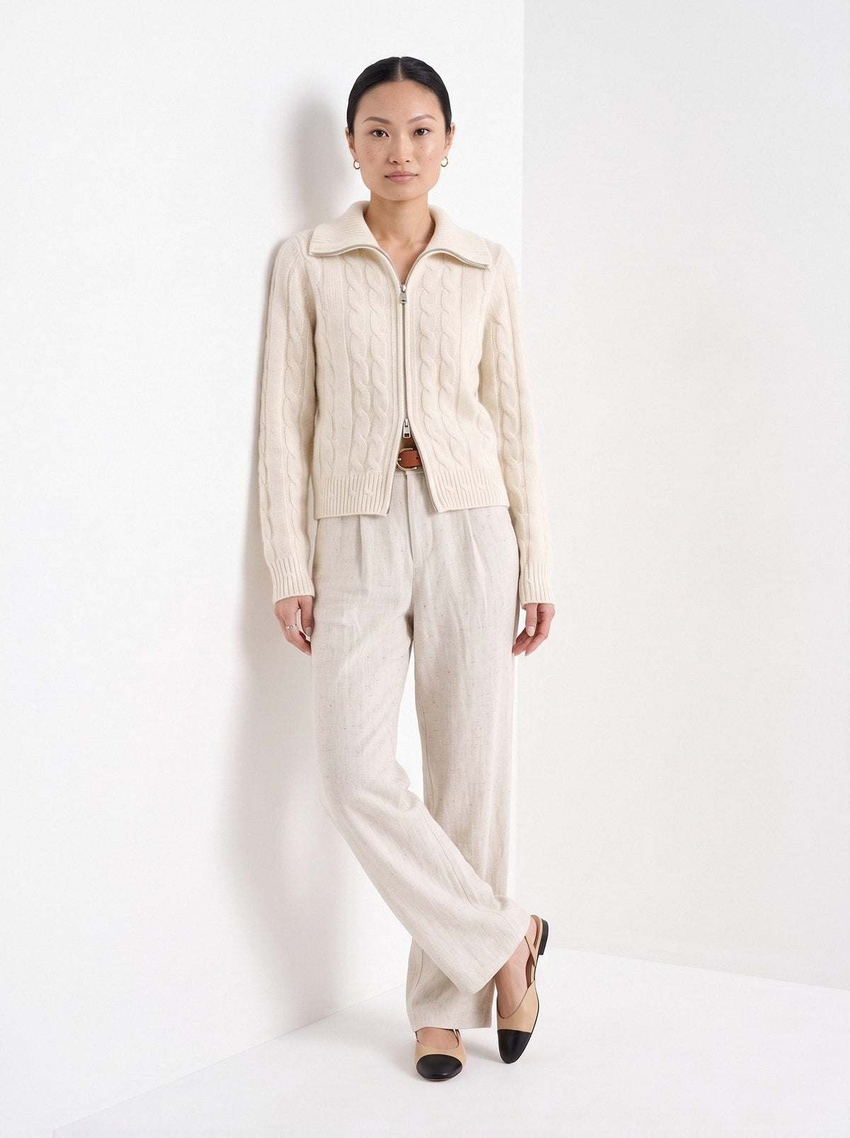 BLENIN cable zip collar cardigan in cream, full-length front view