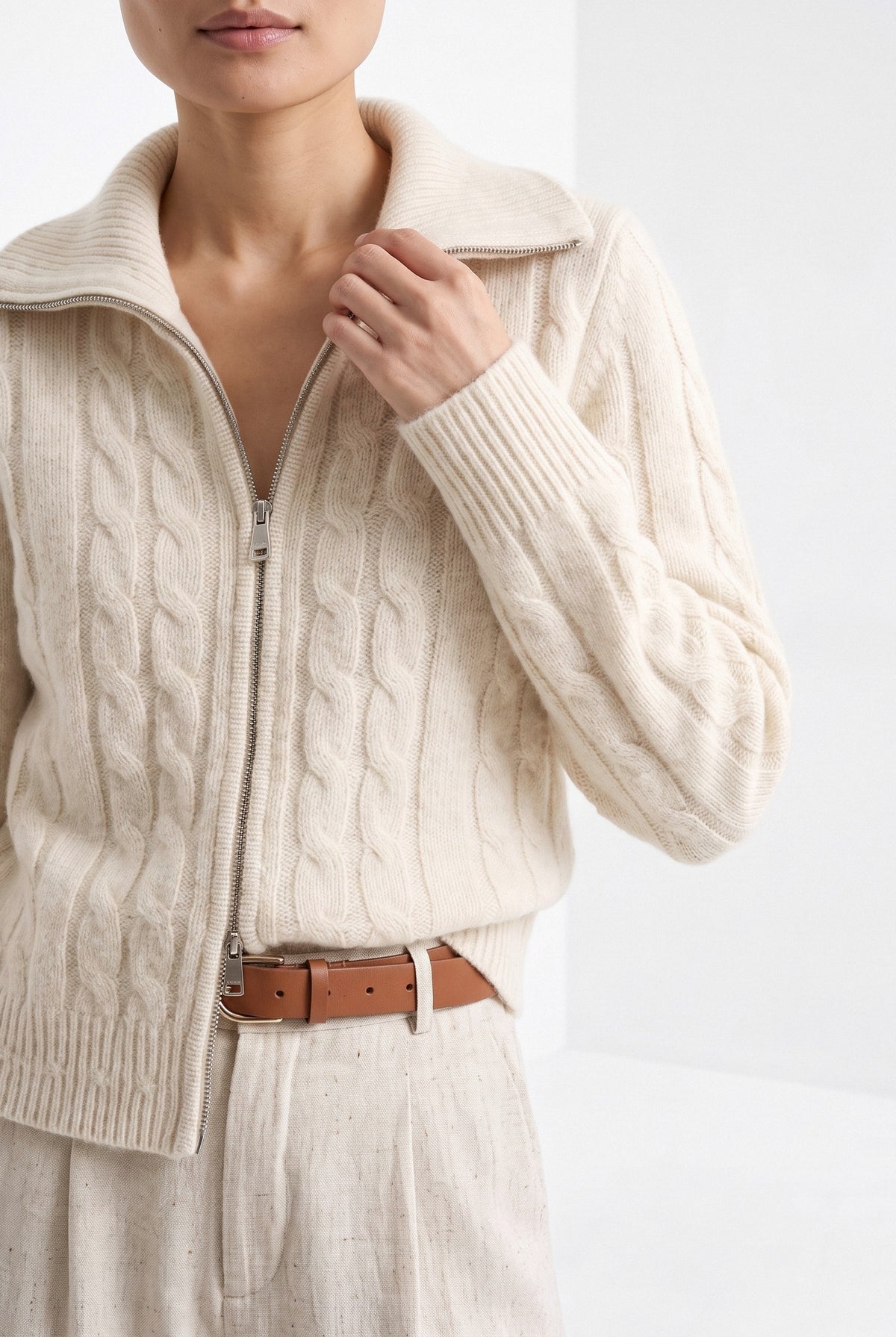 BLENIN cable zip collar cardigan in cream, close-up of the details