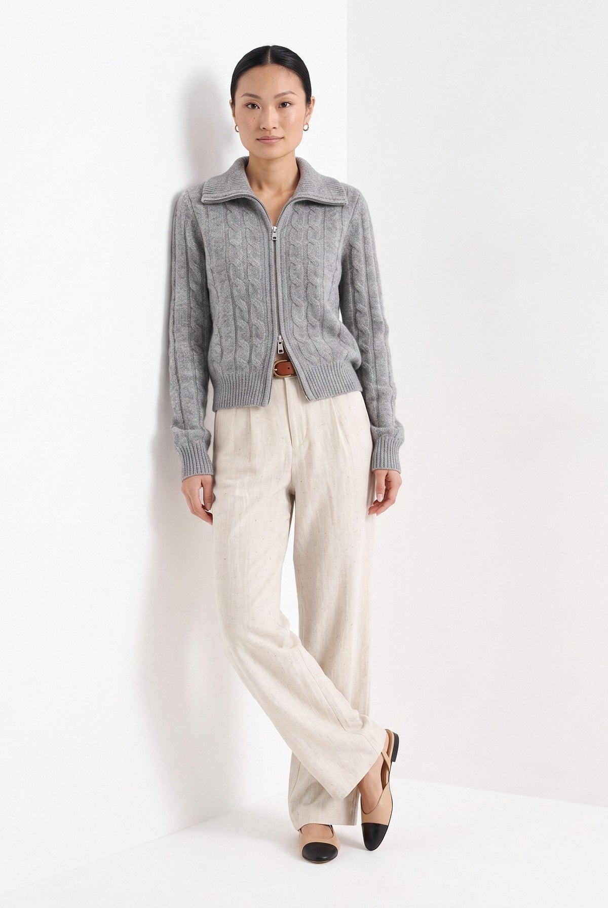 BLENIN cable zip collar cardigan in grey, full-length front view