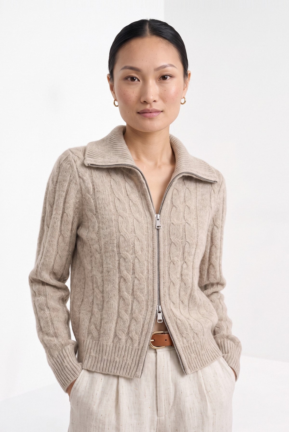 BLENIN cable zip collar cardigan in camel, front portrait