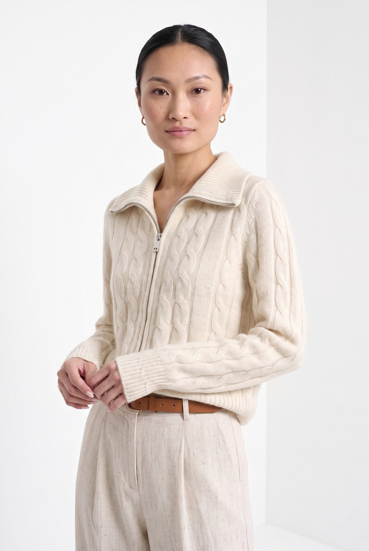 BLENIN cable zip collar cardigan in cream, front portrait