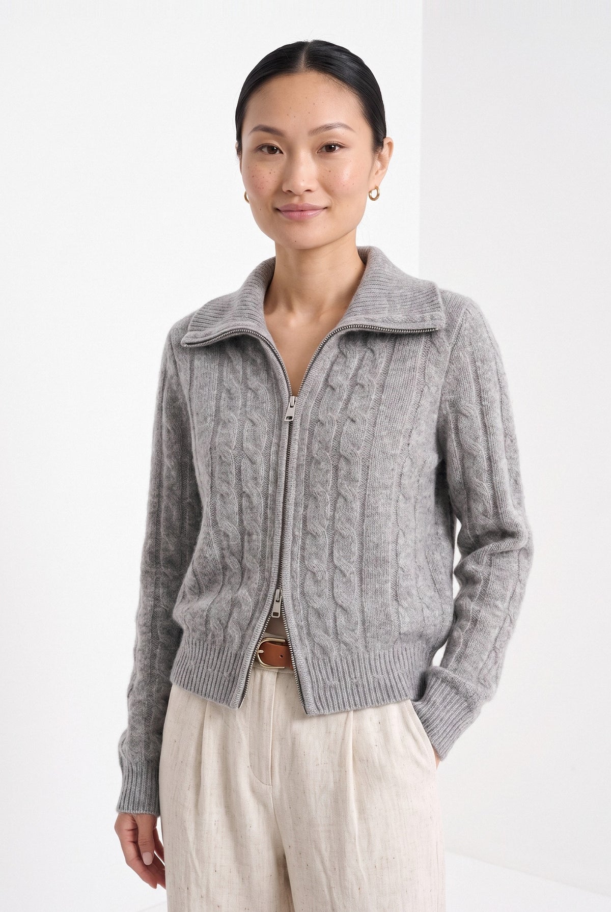 BLENIN cable zip collar cardigan in grey, front portrait