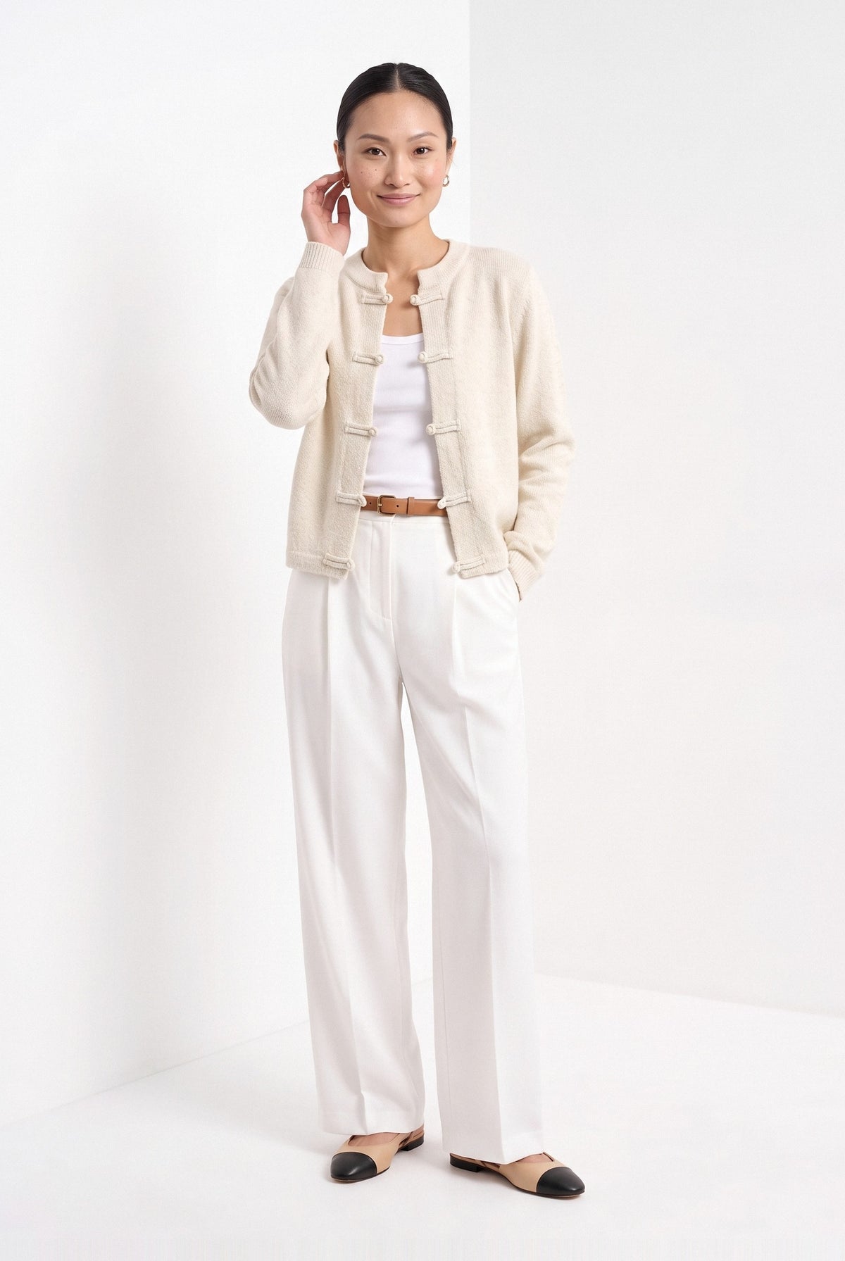 BLENIN knot button cardigan in cream, full-length front view