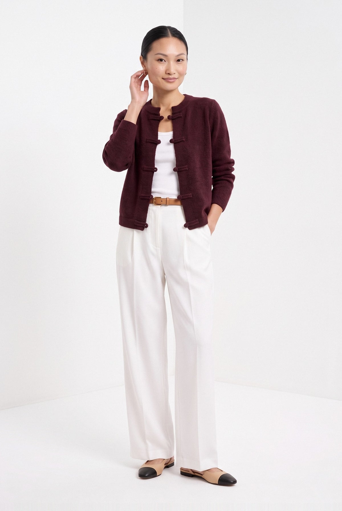BLENIN knot button cardigan in burgundy, full-length front view