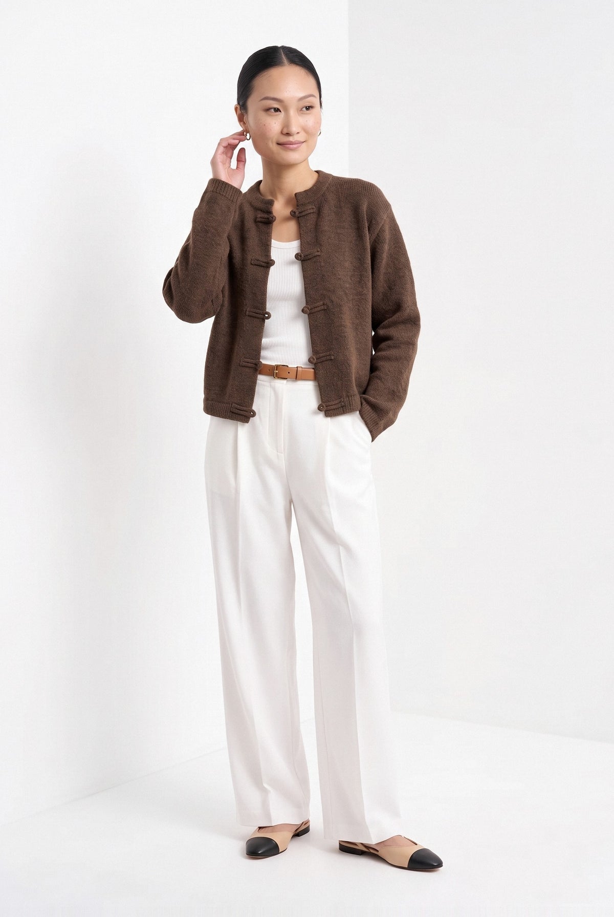 BLENIN knot button cardigan in chocolate, full-length front view