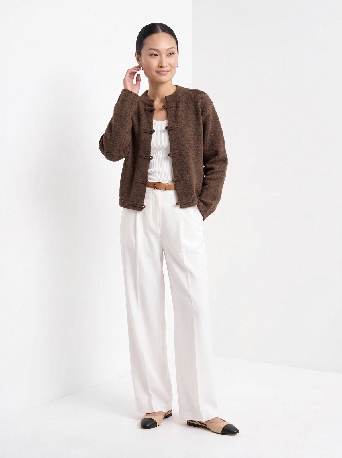 BLENIN knot button cardigan in chocolate, full-length front view