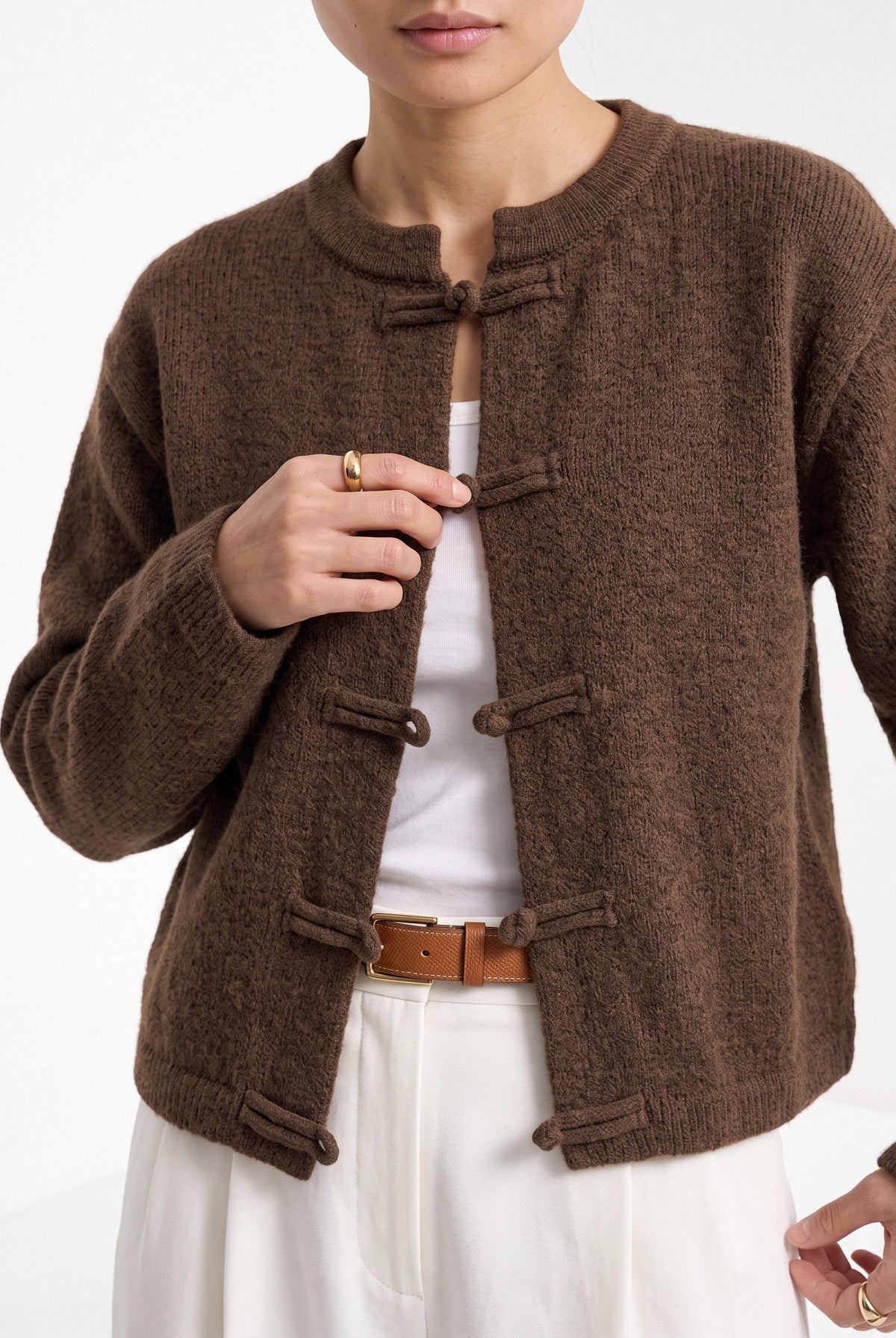 BLENIN knot button cardigan in chocolate, close-up of the details