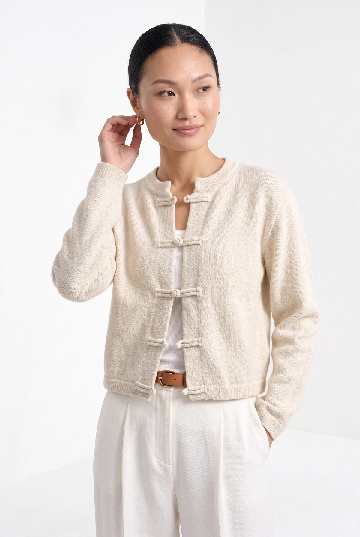 BLENIN knot button cardigan in cream, front portrait