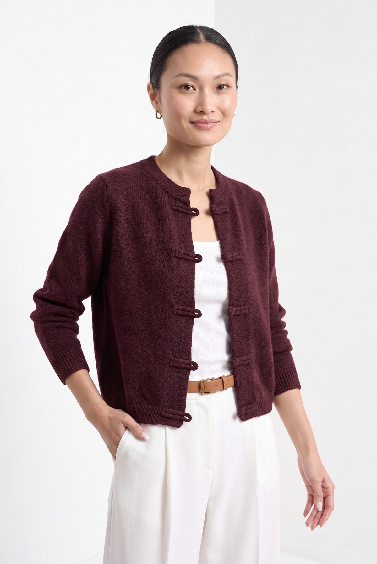 BLENIN knot button cardigan in burgundy, front portrait