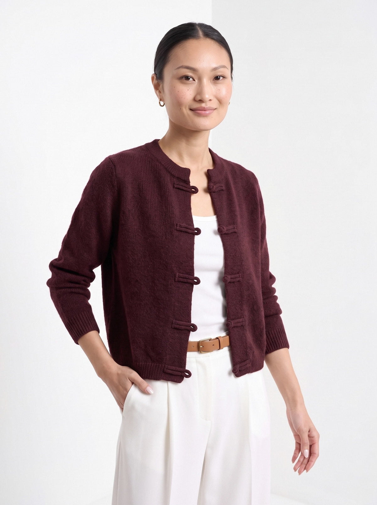 BLENIN knot button cardigan in burgundy, front portrait