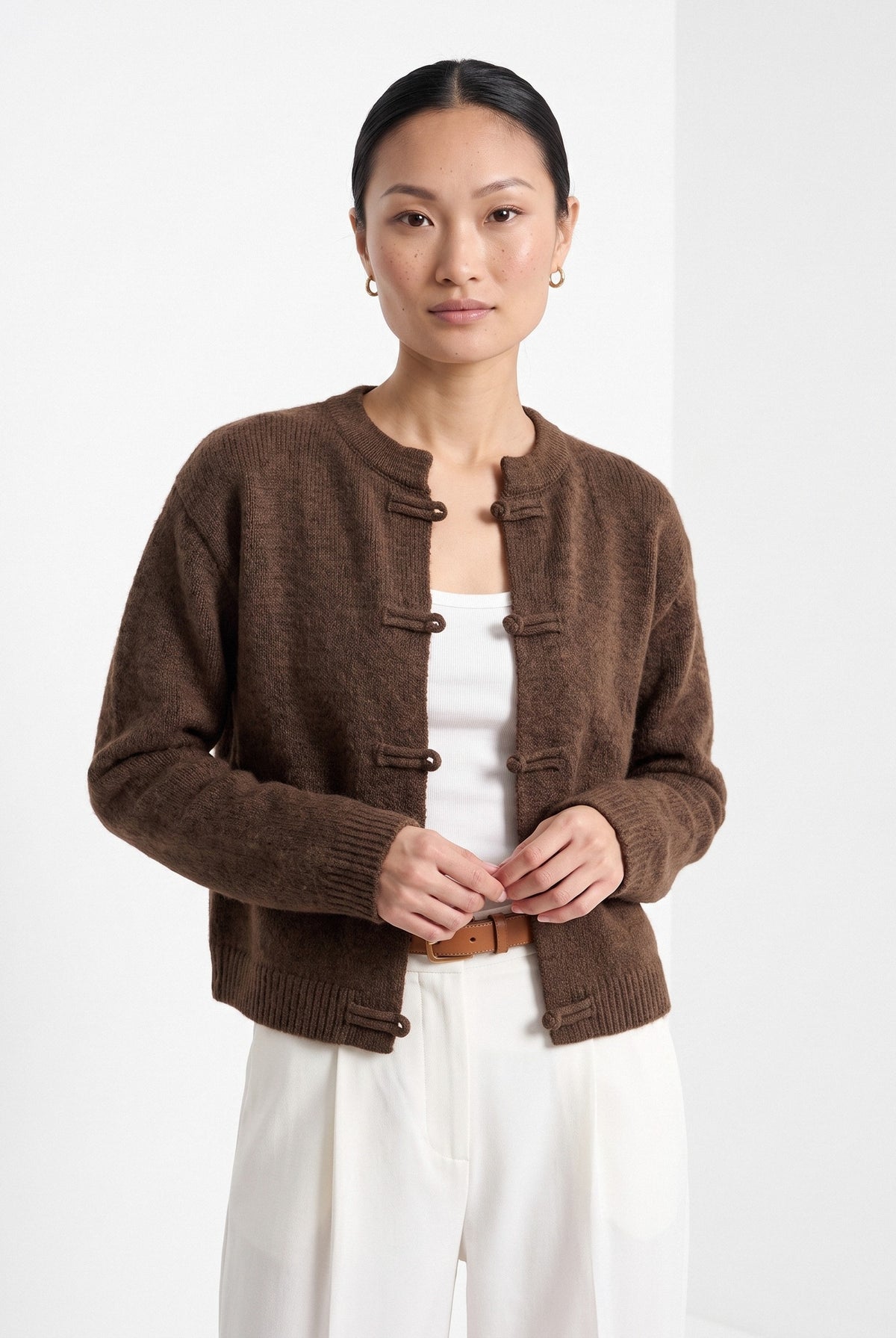 BLENIN knot button cardigan in chocolate, front portrait