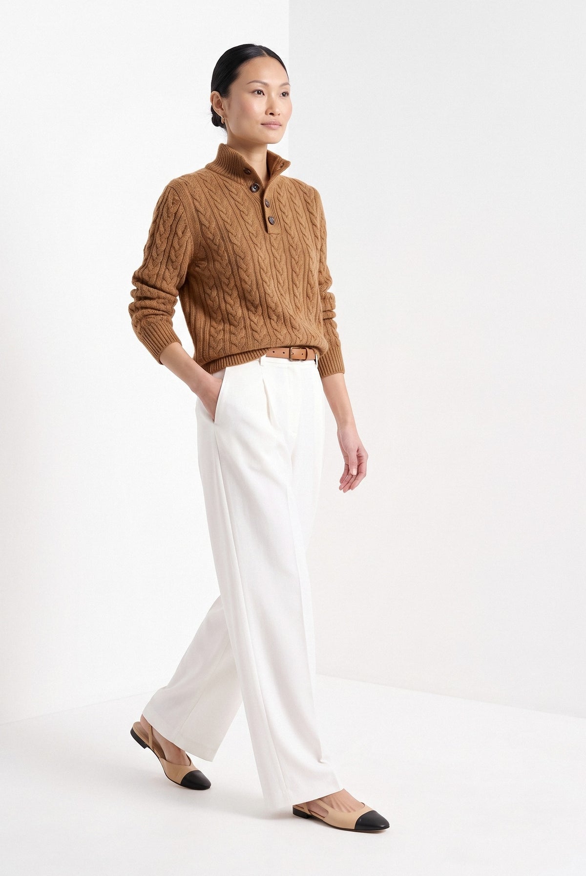 BLENIN cable button collar sweater in cognac, full-length front view