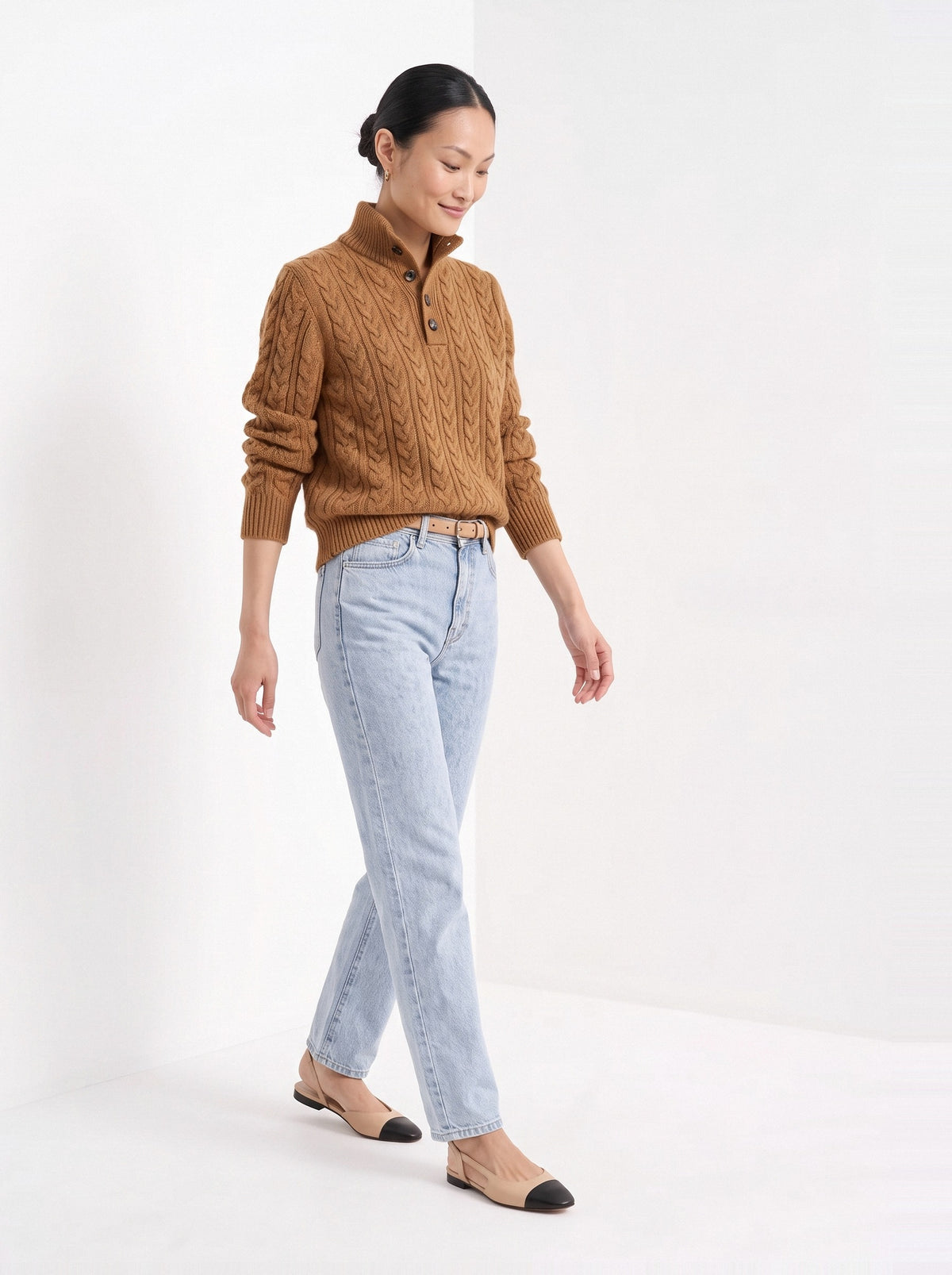 BLENIN cable button collar sweater in cognac, full outfit, walking