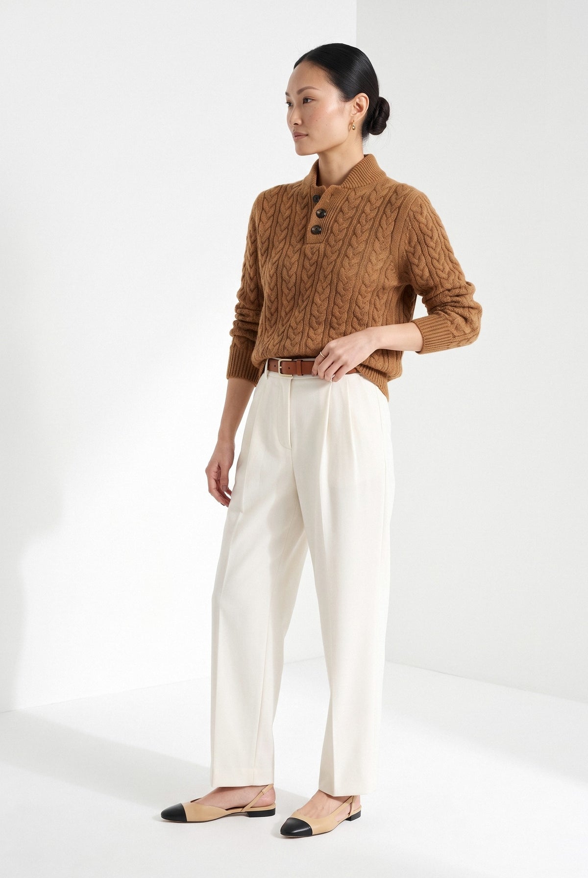BLENIN cable button collar sweater in cognac, three-quarter view