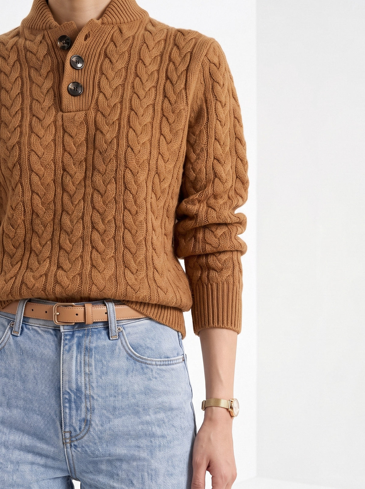BLENIN cable button collar sweater in cognac, fit detail at the hem and cuff