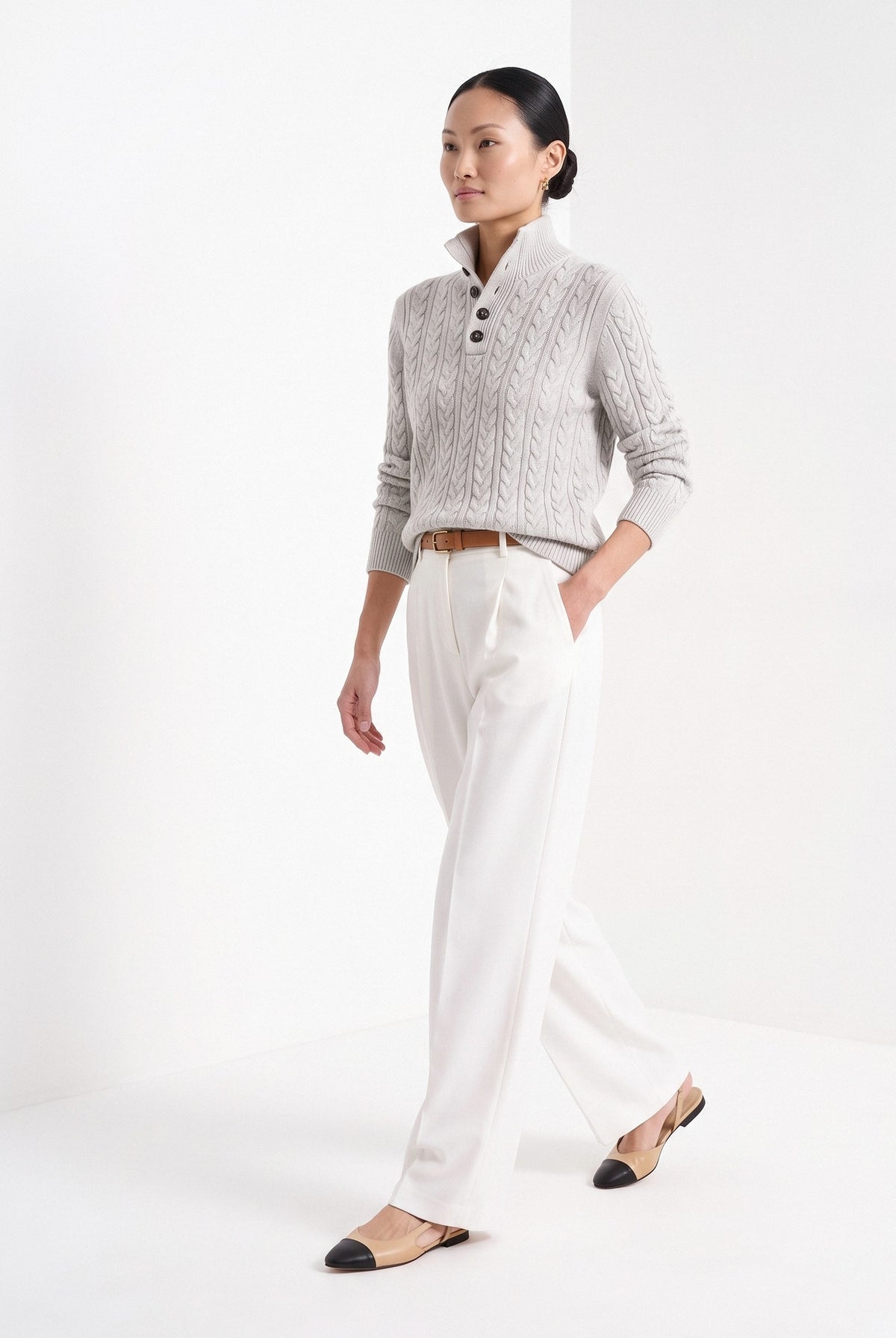BLENIN cable button collar sweater in silver grey, full-length front view