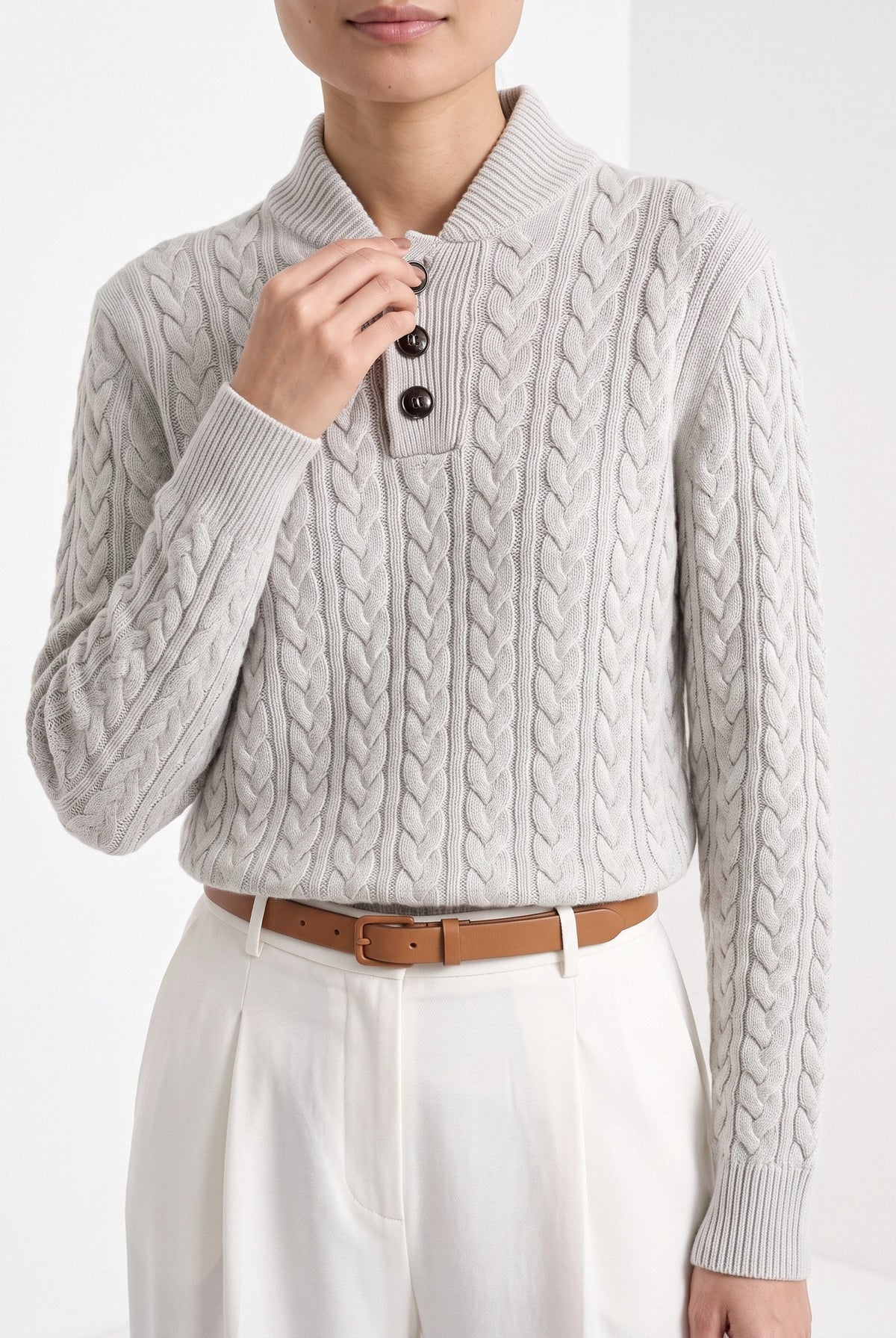 BLENIN cable button collar sweater in silver grey, close-up of the details