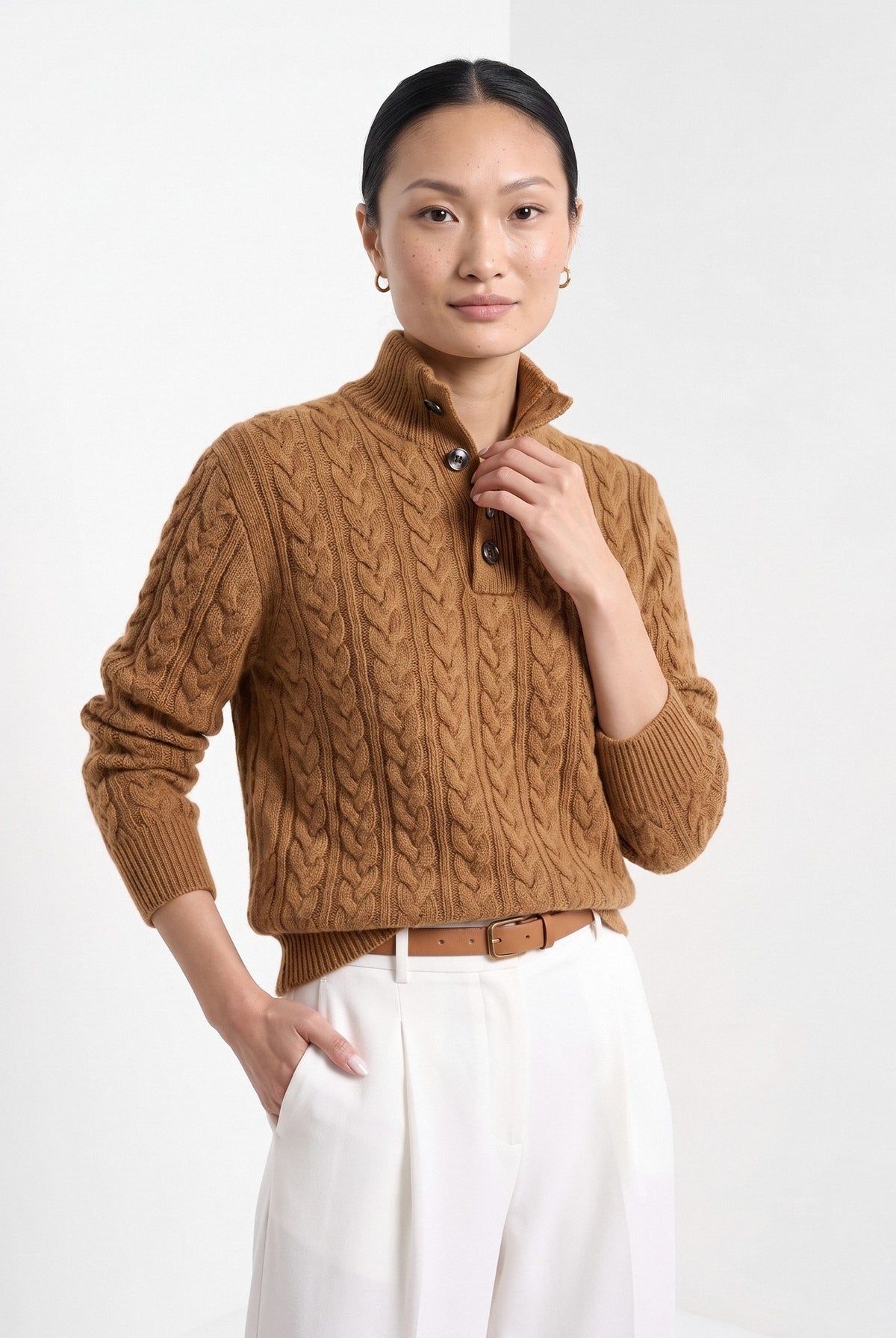 BLENIN cable button collar sweater in cognac, front portrait