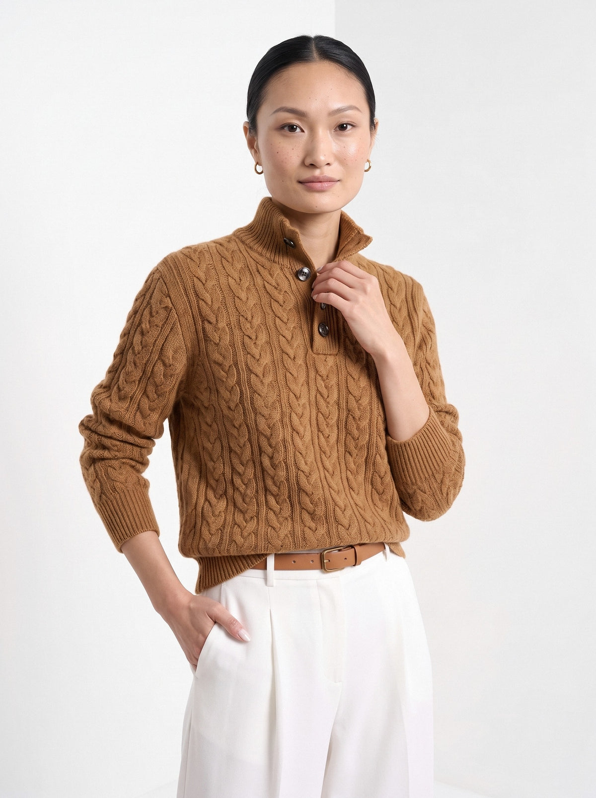 BLENIN cable button collar sweater in cognac, front portrait