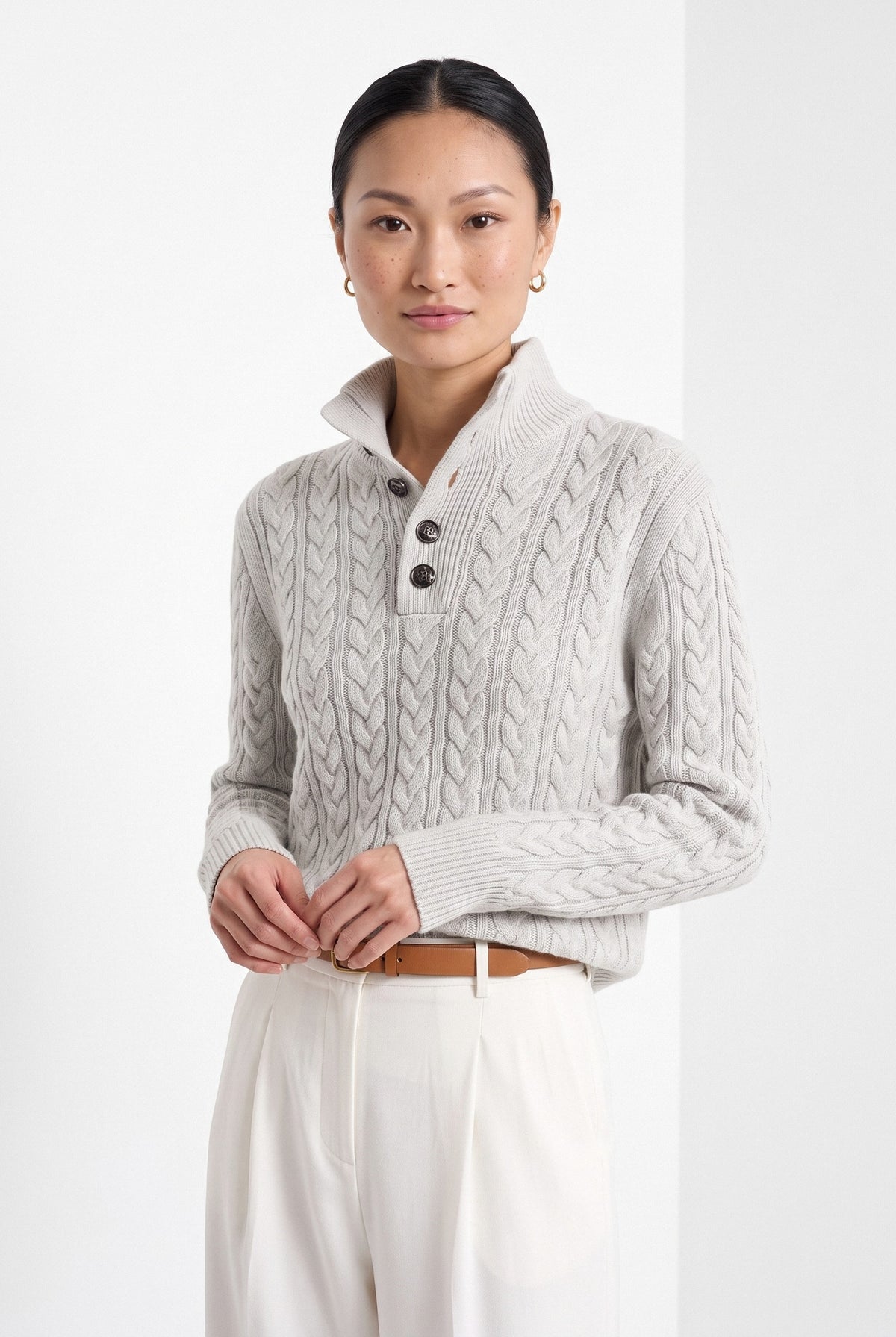 BLENIN cable button collar sweater in silver grey, front portrait