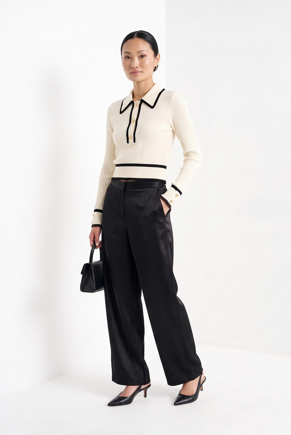 BLENIN contrast collar button sweater in cream, full-length front view