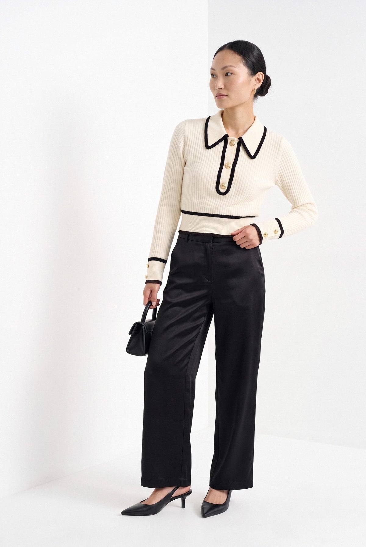 BLENIN contrast collar button sweater in cream, three-quarter view
