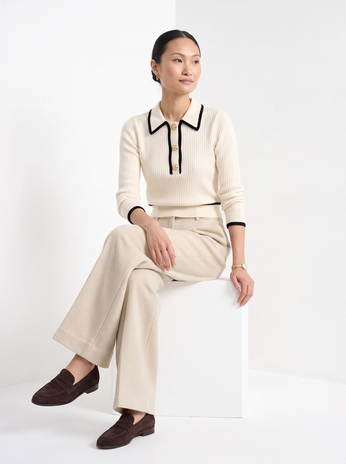 BLENIN contrast collar button sweater in cream, seated, full outfit