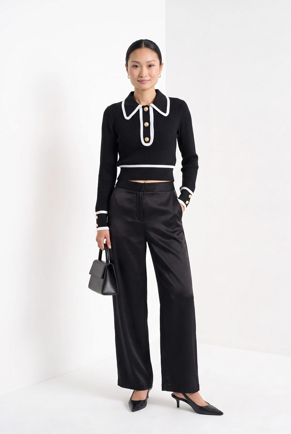 BLENIN contrast collar button sweater in black, full-length front view