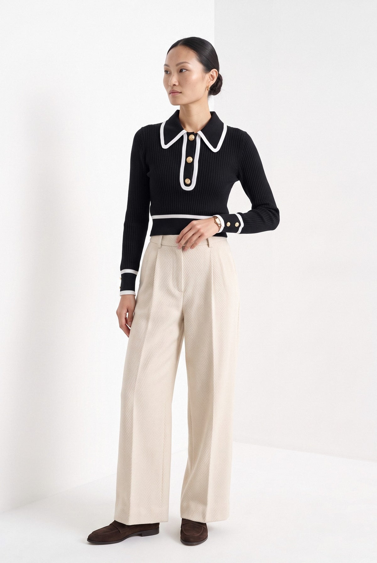 BLENIN contrast collar button sweater in black, three-quarter view