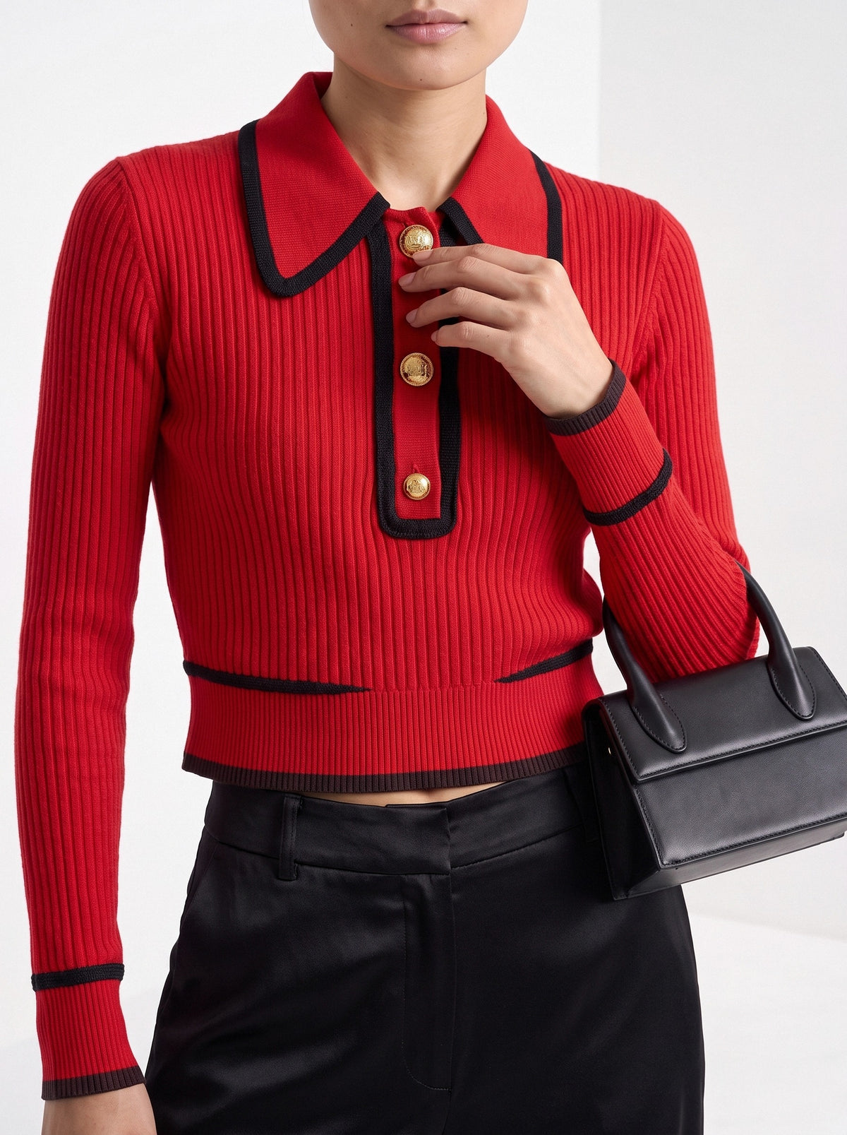 BLENIN contrast collar button sweater in red, close-up of the details