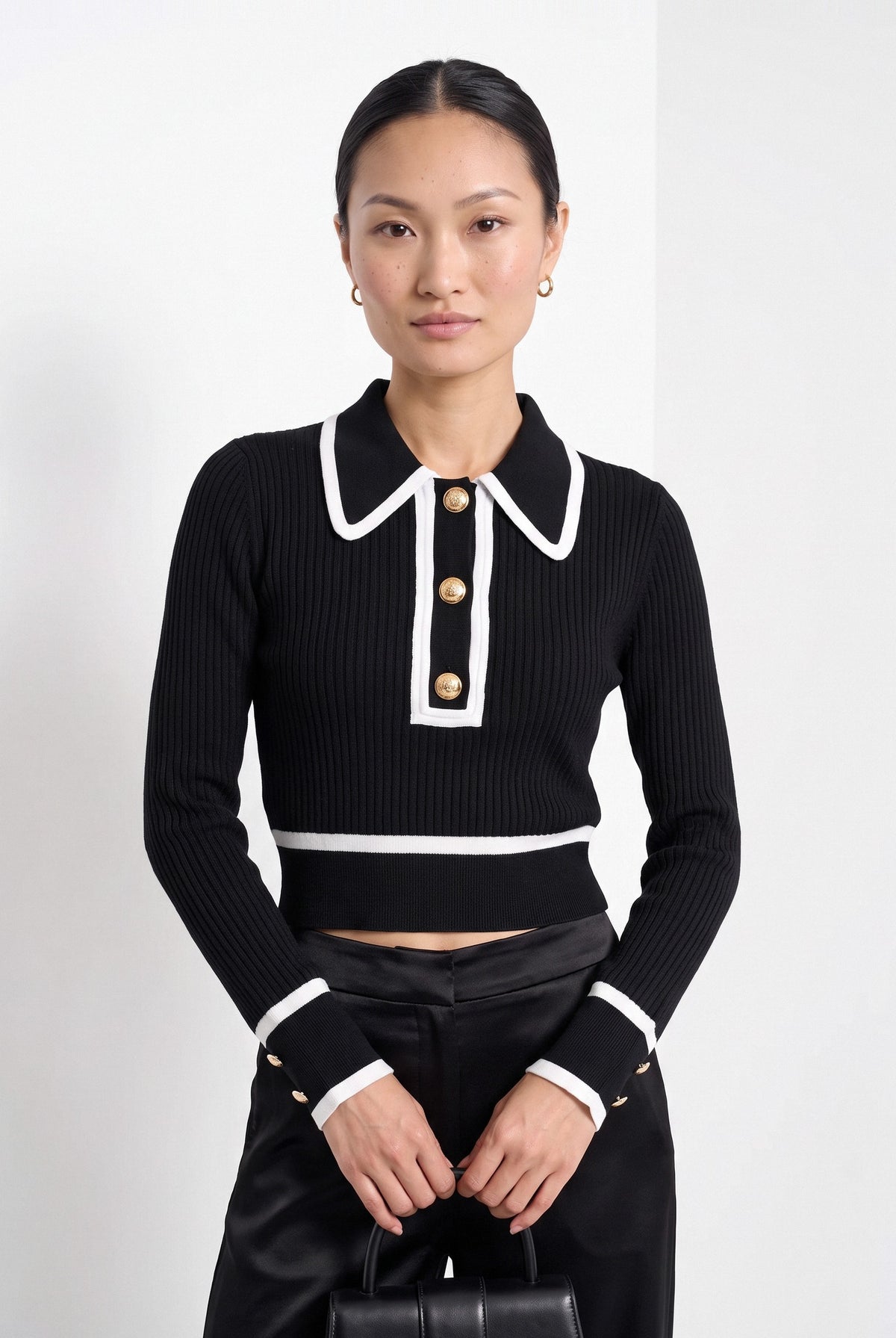 BLENIN contrast collar button sweater in black, front portrait