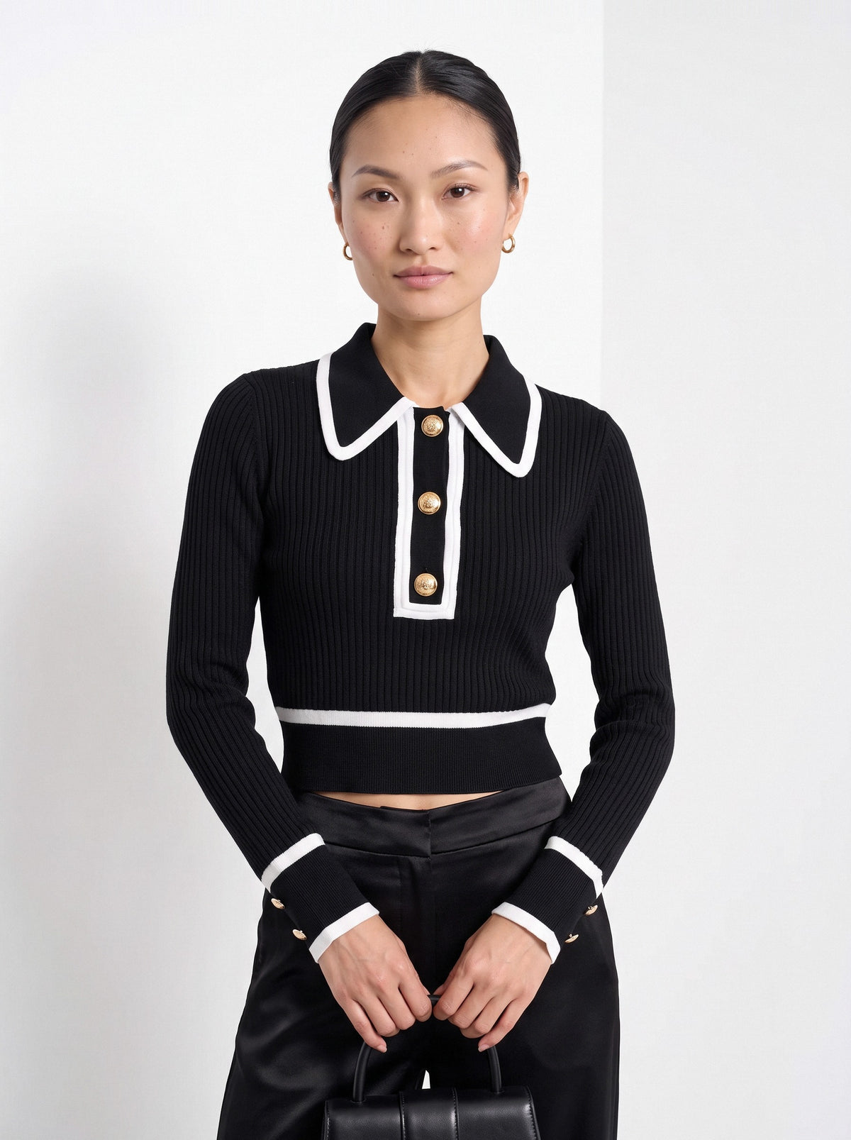 BLENIN contrast collar button sweater in black, front portrait