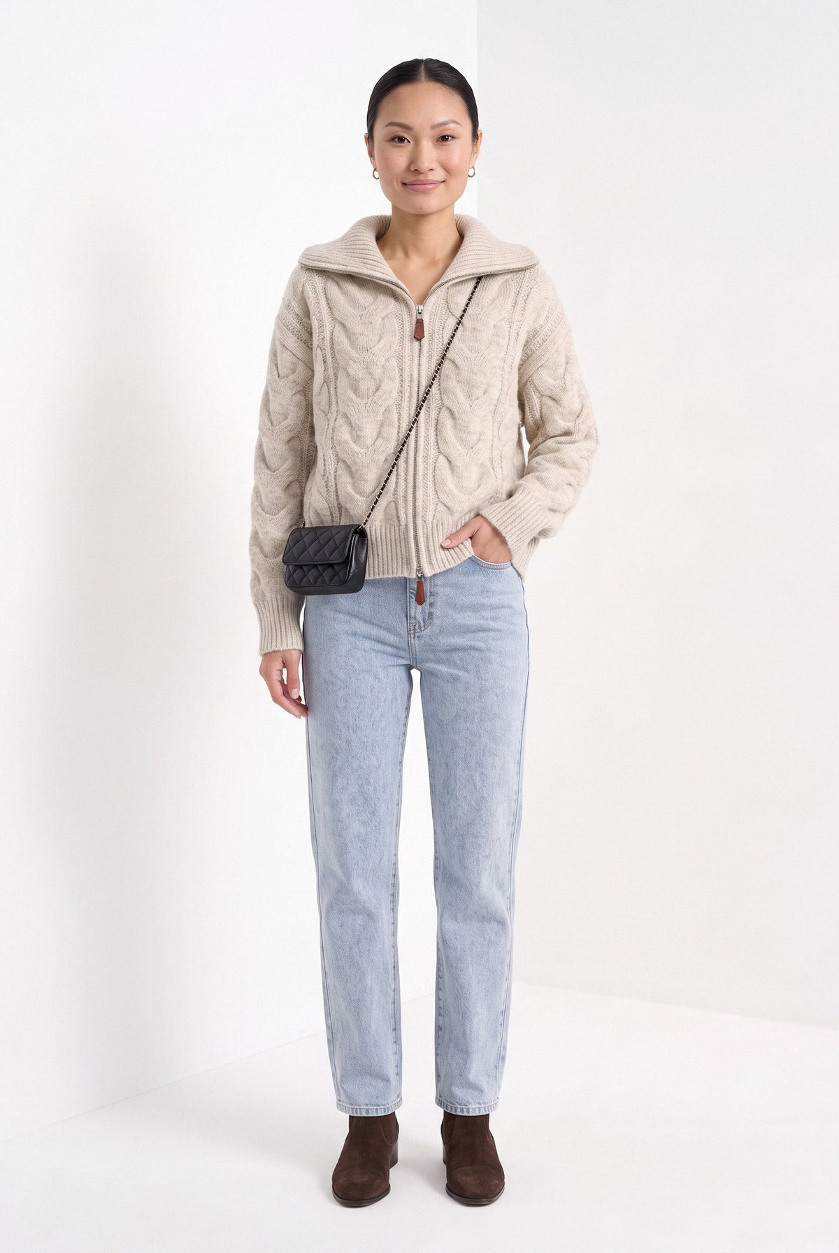 BLENIN wide collar cable zip cardigan in oatmeal, full-length front view