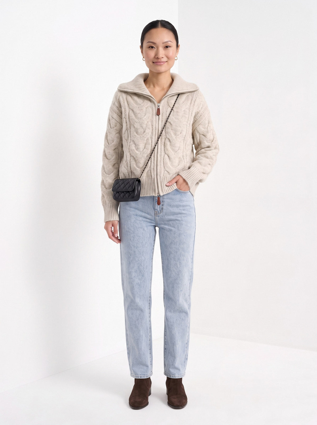 BLENIN wide collar cable zip cardigan in oatmeal, full-length front view