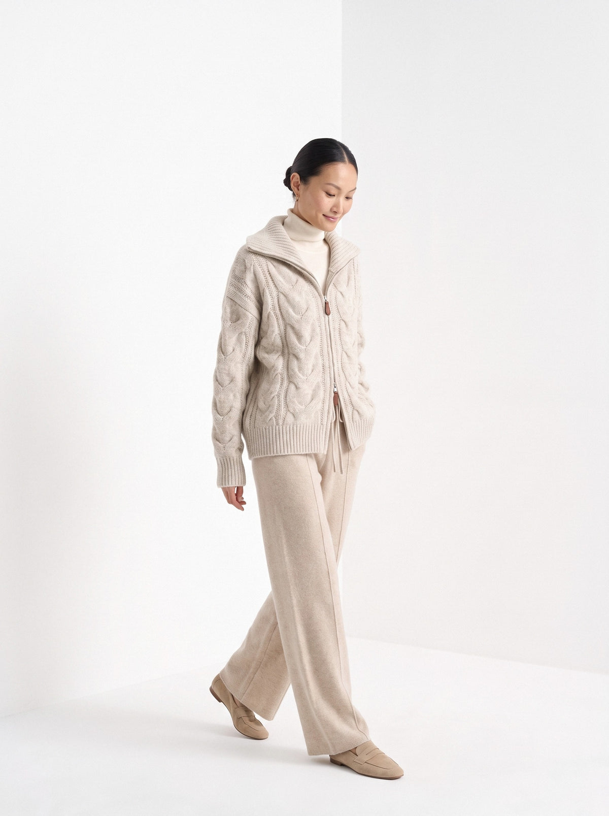BLENIN wide collar cable zip cardigan in oatmeal, full outfit, walking