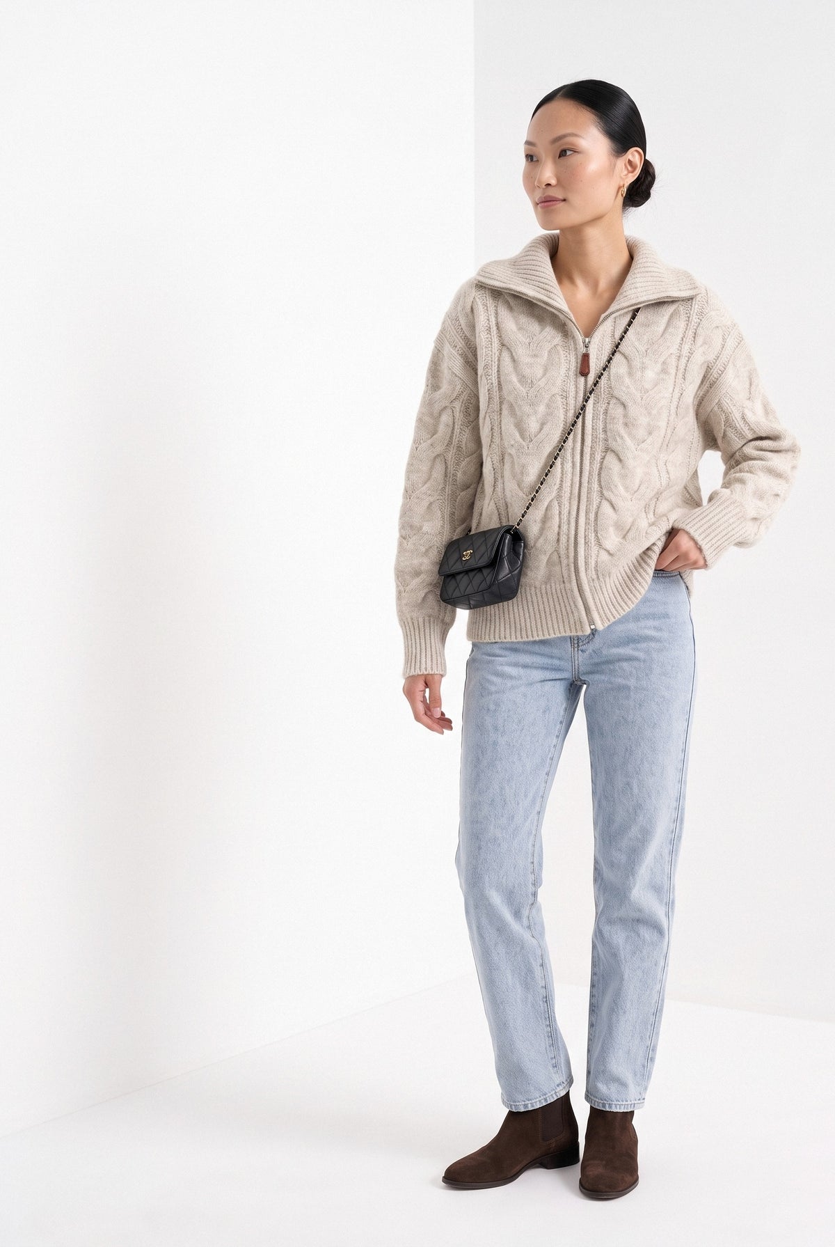 BLENIN wide collar cable zip cardigan in oatmeal, three-quarter view