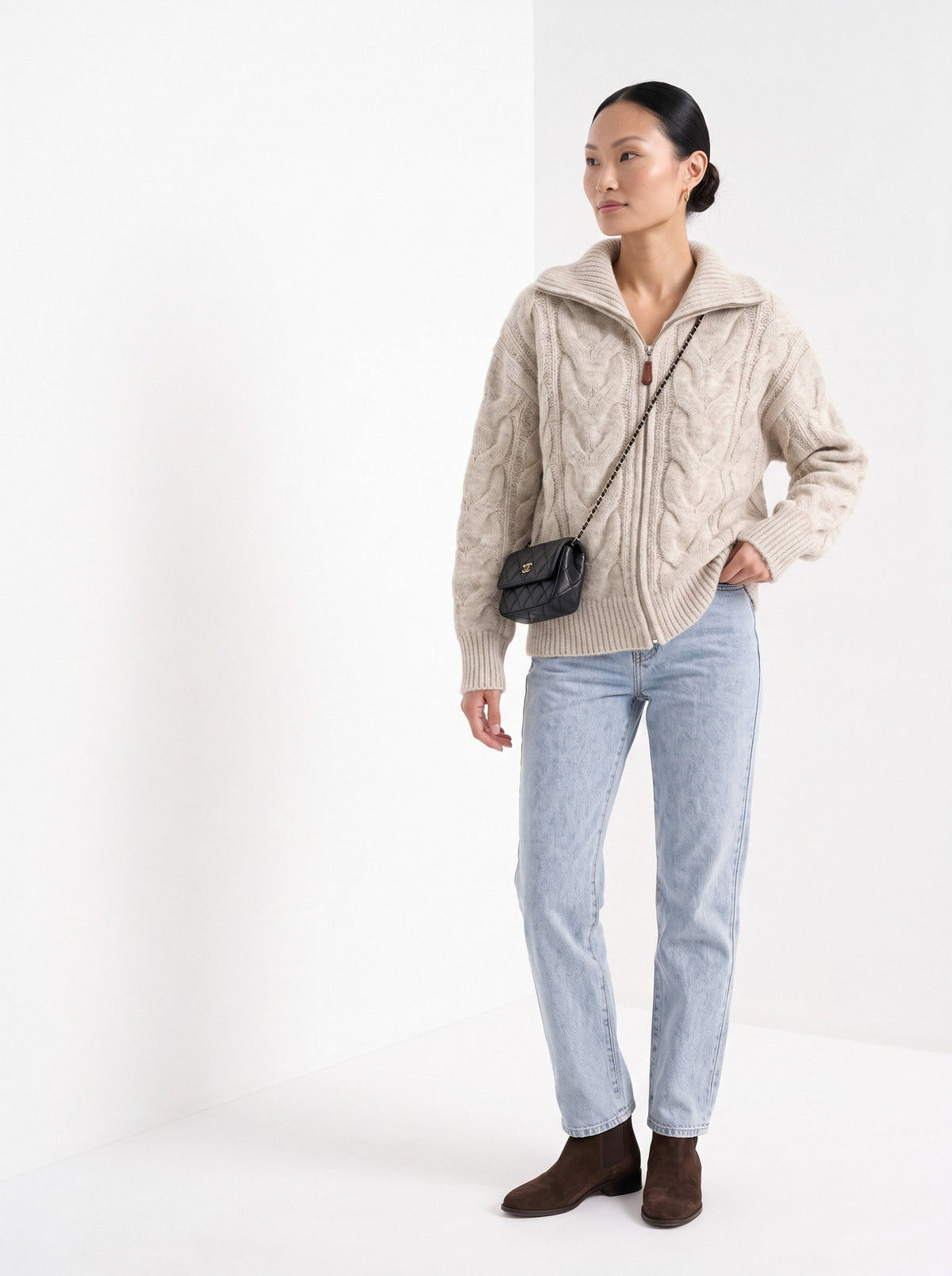 BLENIN wide collar cable zip cardigan in oatmeal, three-quarter view