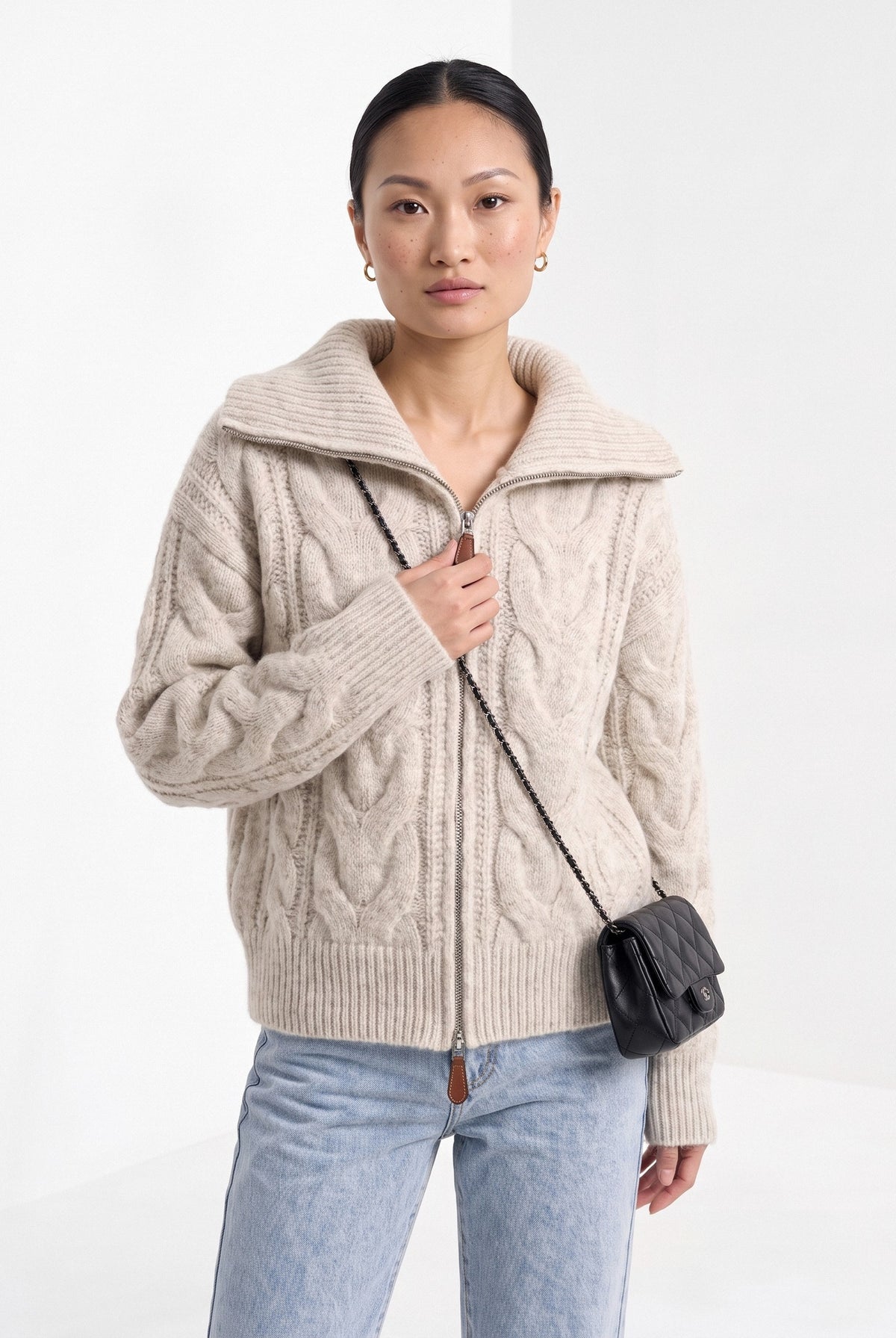 BLENIN wide collar cable zip cardigan in oatmeal, front portrait