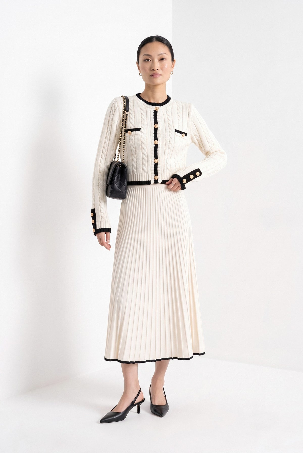 BLENIN contrast trim cable cardigan in ivory, full-length front view