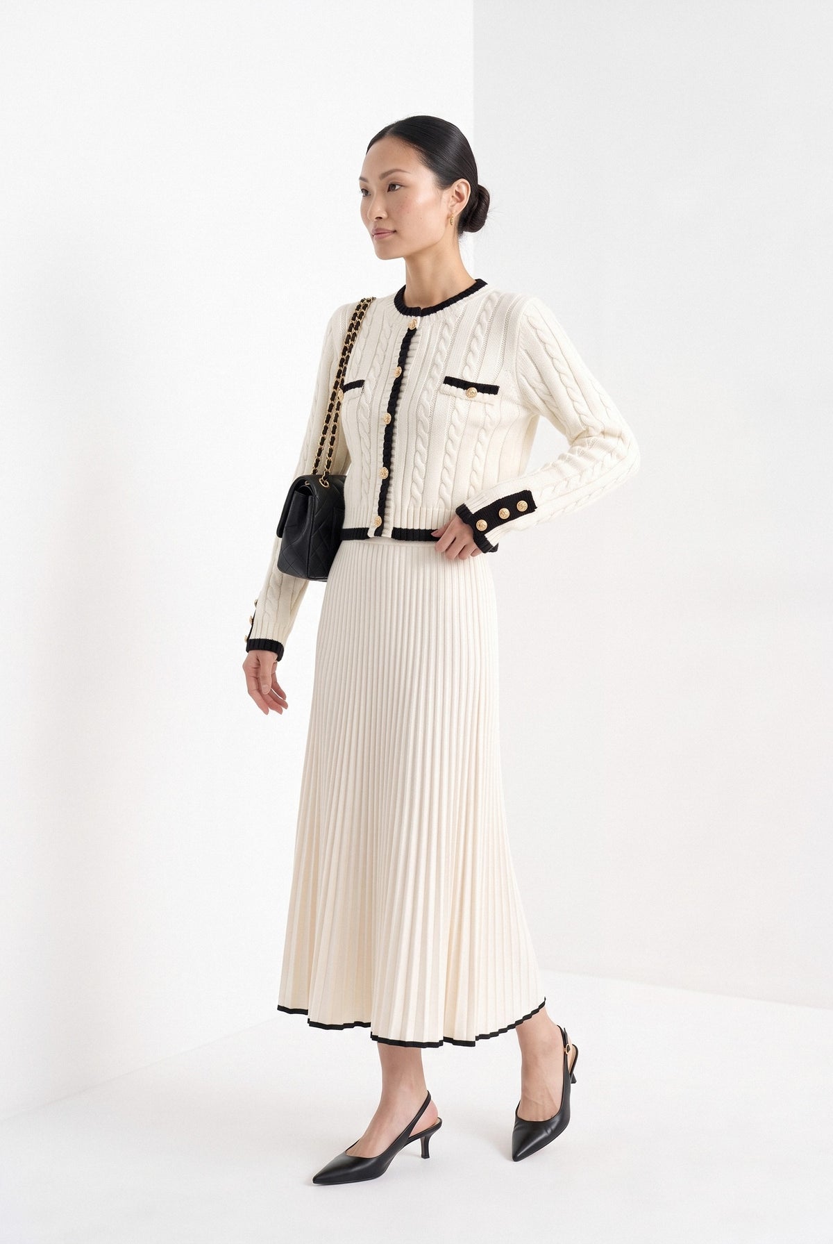 BLENIN contrast trim cable cardigan in ivory, three-quarter view