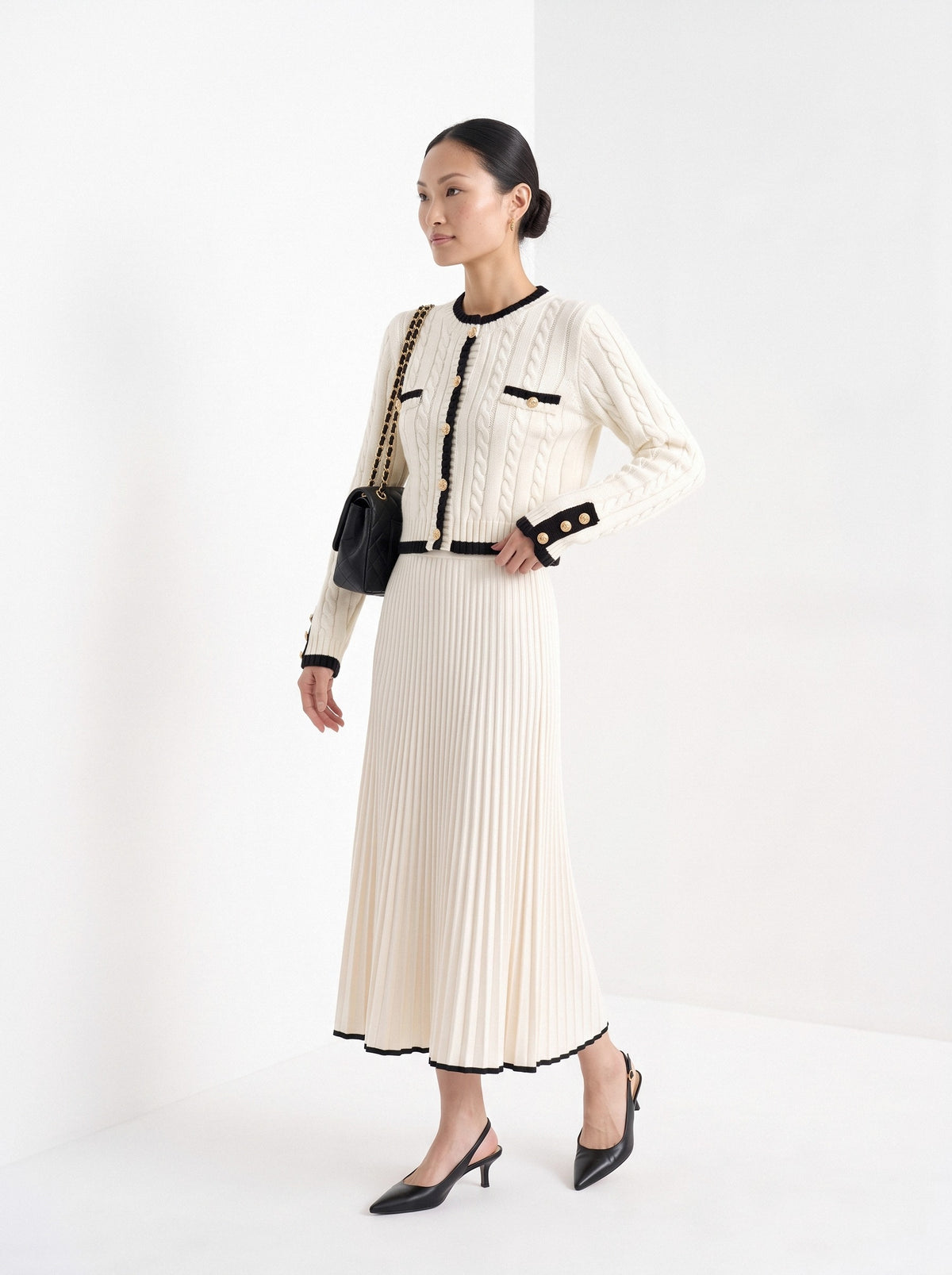 BLENIN contrast trim cable cardigan in ivory, three-quarter view