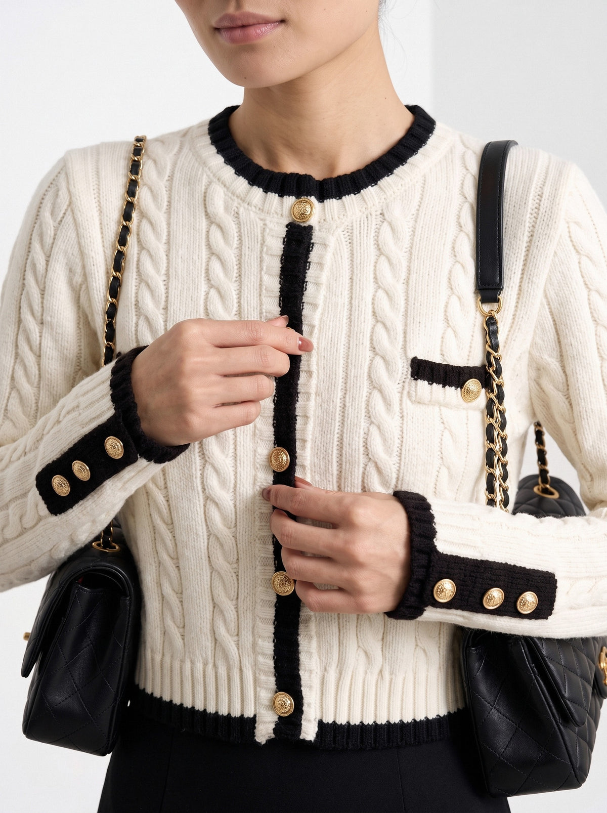 BLENIN contrast trim cable cardigan in ivory, close-up of the details