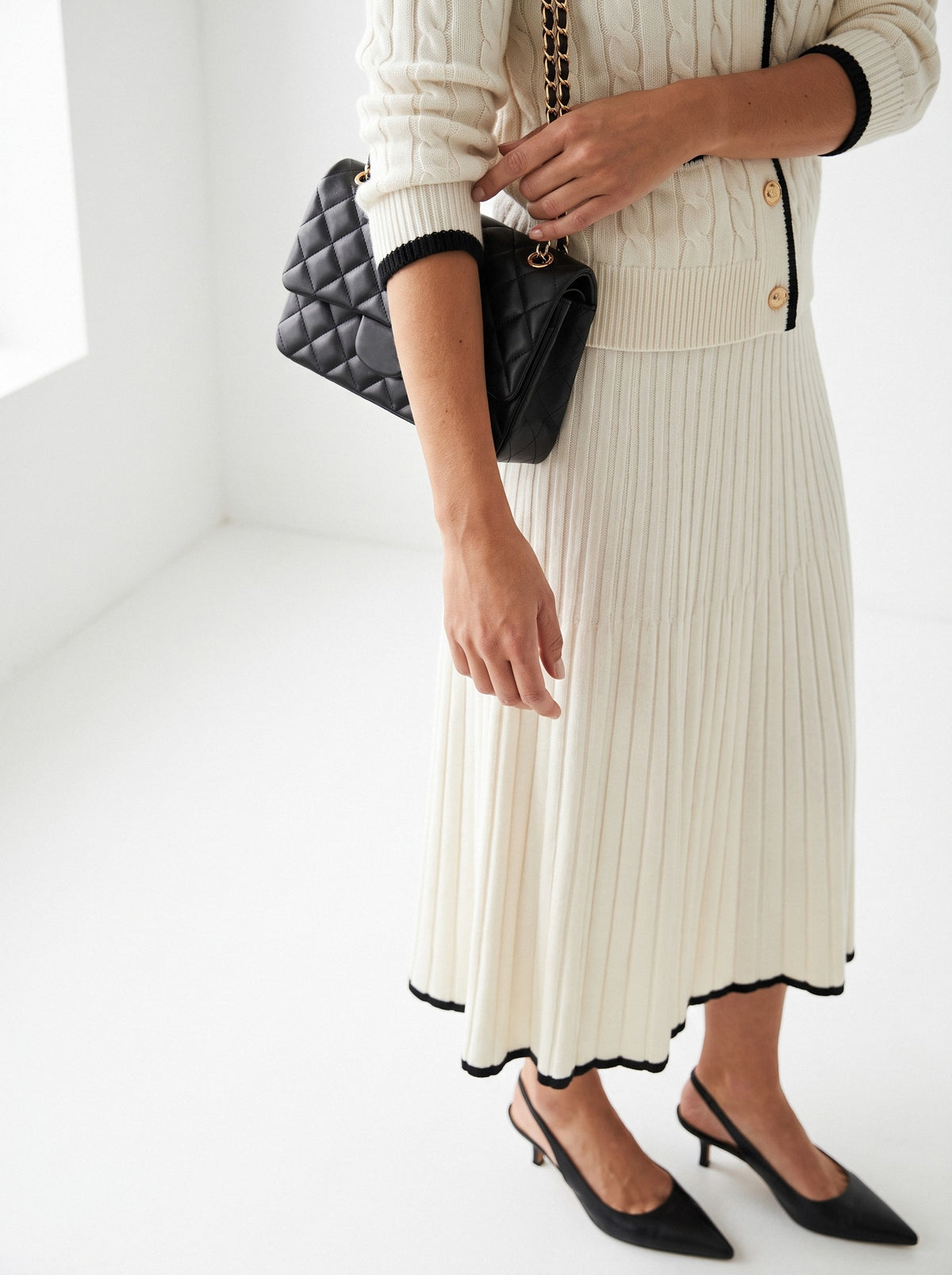 BLENIN contrast trim cable cardigan in ivory, styled detail