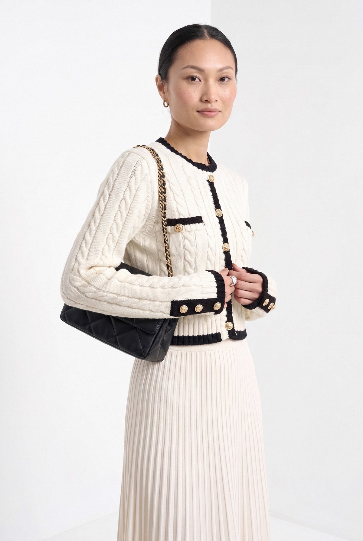 BLENIN contrast trim cable cardigan in ivory, front portrait