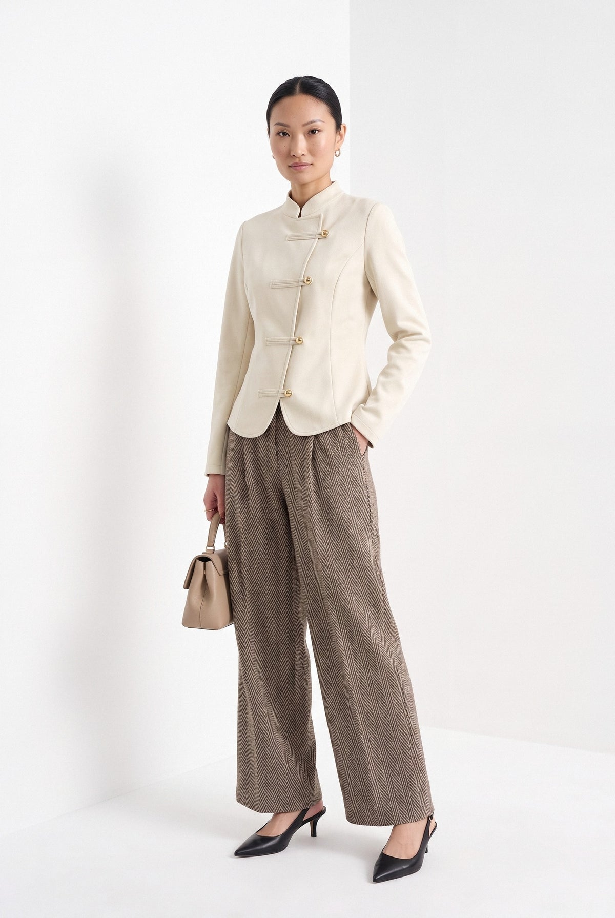 BLENIN stand collar fitted jacket in cream, full-length front view
