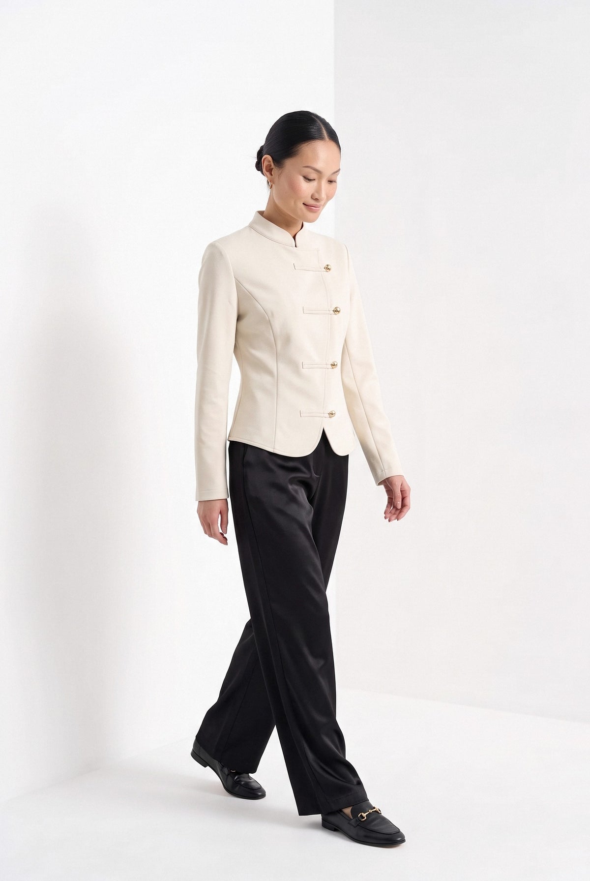BLENIN stand collar fitted jacket in cream, full outfit, walking