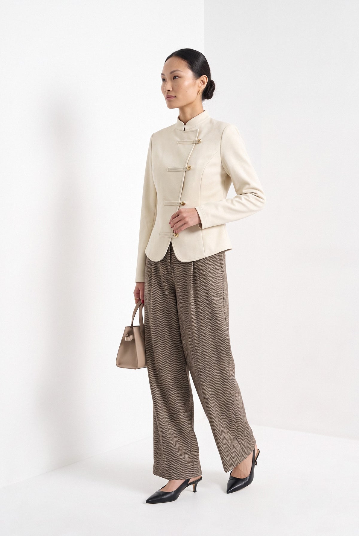 BLENIN stand collar fitted jacket in cream, three-quarter view